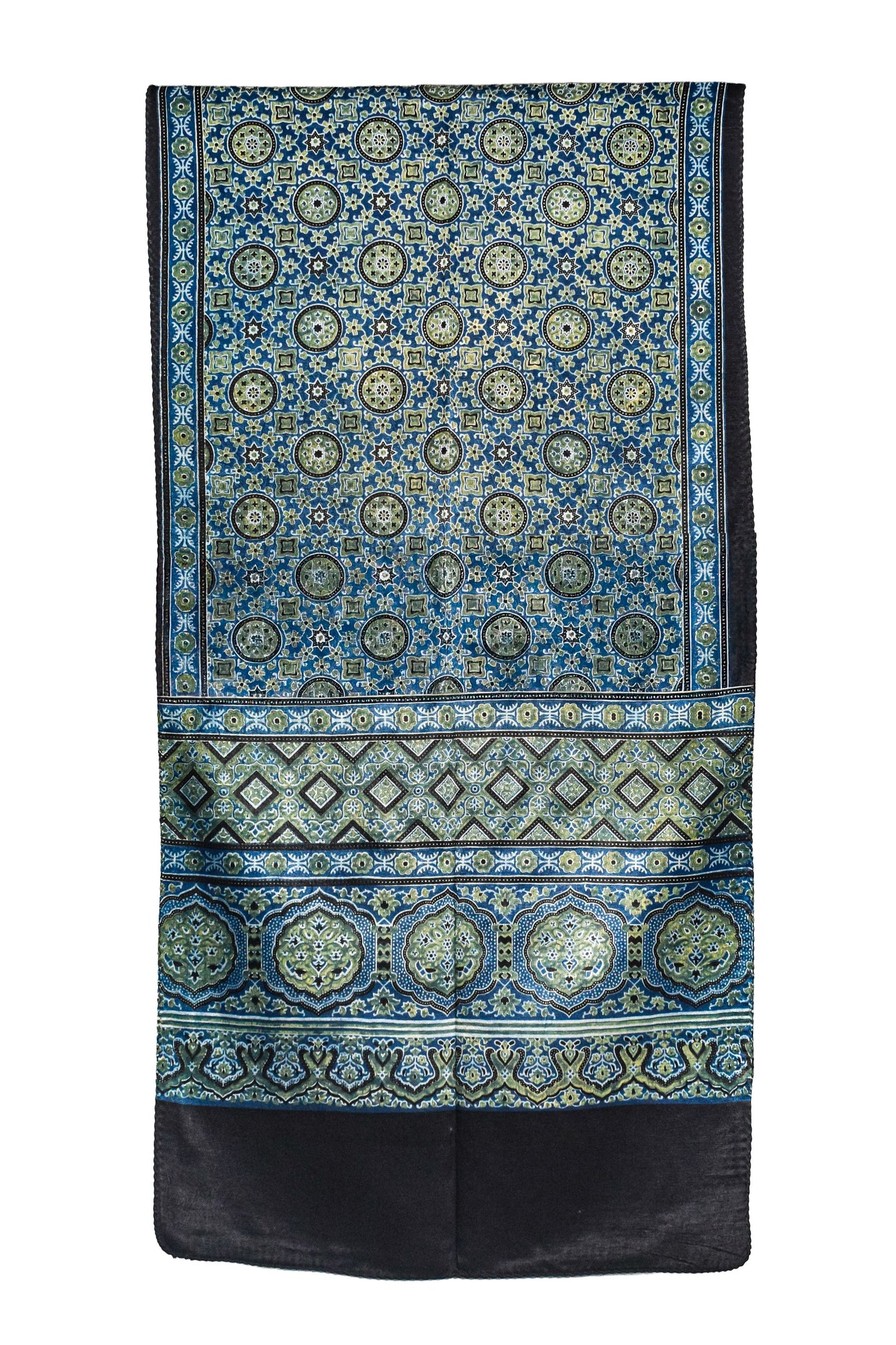 Ajrakh Mashru Silk Natural Dye Three Colour Print ( 3 Kam ) Screen Print Hand Printed Stole  - 2.1 Mtr Length    -  SKU : JH02C01Y