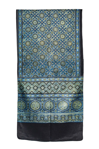 Ajrakh Mashru Silk Natural Dye Three Colour Print ( 3 Kam ) Screen Print Hand Printed Stole  - 2.1 Mtr Length    -  SKU : JH02C01Y