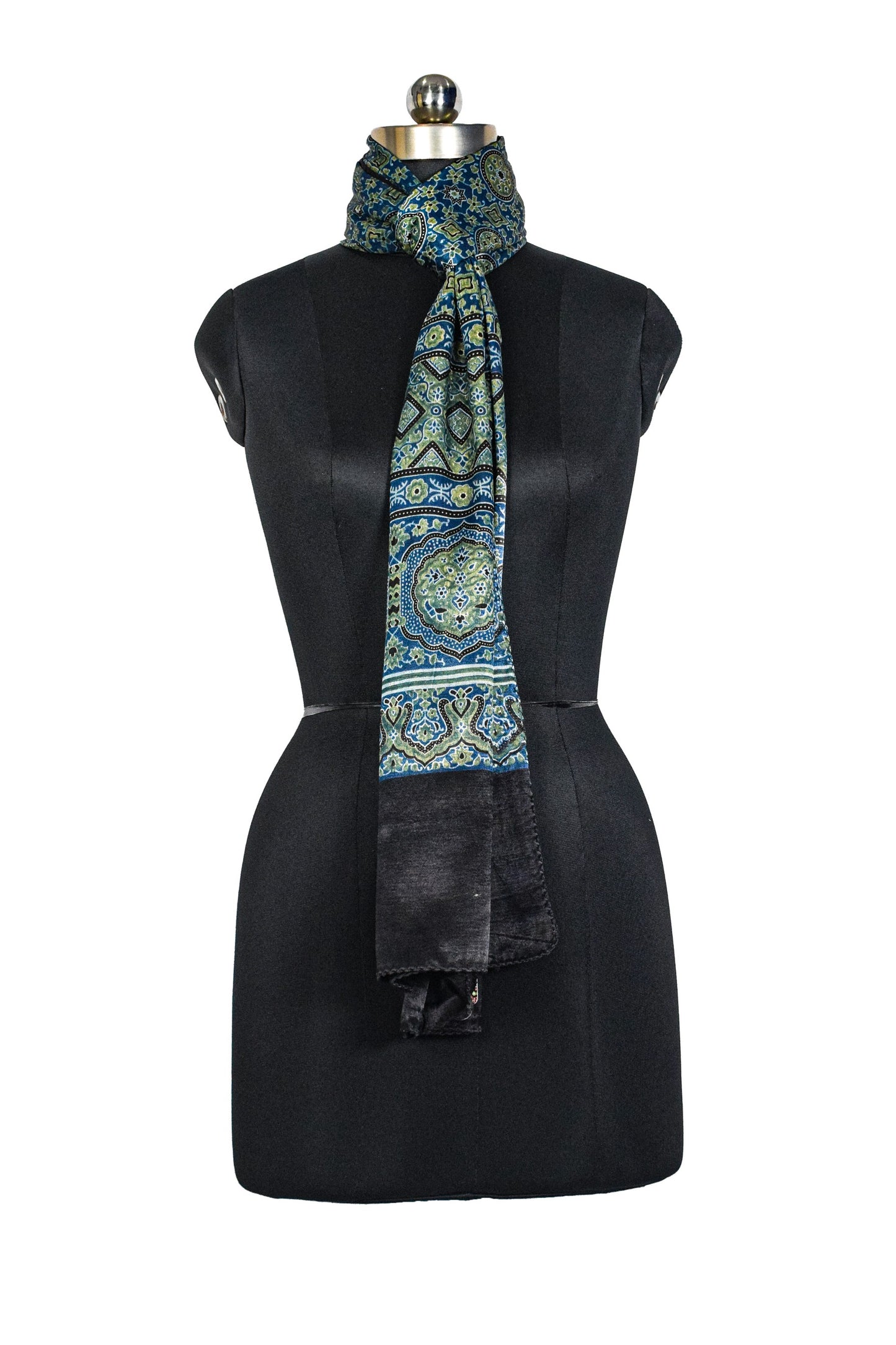 Ajrakh Mashru Silk Natural Dye Three Colour Print ( 3 Kam ) Screen Print Hand Printed Stole  - 2.1 Mtr Length    -  SKU : JH02C01Y