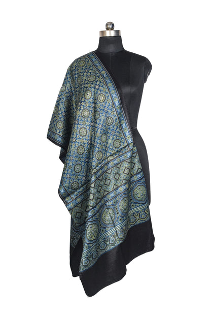 Ajrakh Mashru Silk Natural Dye Three Colour Print ( 3 Kam ) Screen Print Hand Printed Stole  - 2.1 Mtr Length    -  SKU : JH02C01Y