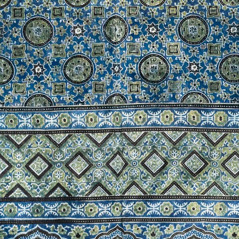 Ajrakh Mashru Silk Natural Dye Three Colour Print ( 3 Kam ) Screen Print Hand Printed Stole  - 2.1 Mtr Length    -  SKU : JH02C01Y