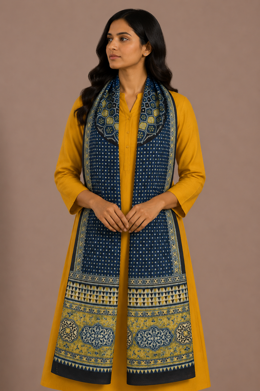 Ajrakh Mashru Silk Natural Dye Three Colour Print ( 3 Kam ) Screen Print Hand Printed Stole  - 2.1 Mtr Length    -  SKU : JH03101A