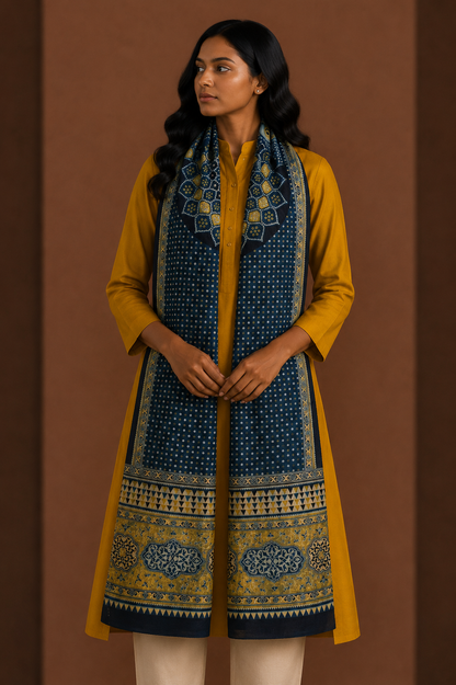 Ajrakh Mashru Silk Natural Dye Three Colour Print ( 3 Kam ) Screen Print Hand Printed Stole  - 2.1 Mtr Length    -  SKU : JH03101A