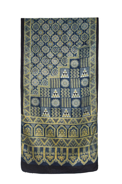 Ajrakh Mashru Silk Natural Dye Three Colour Print ( 3 Kam ) Screen Print Hand Printed Stole  - 2.1 Mtr Length    -  SKU : JH03101B
