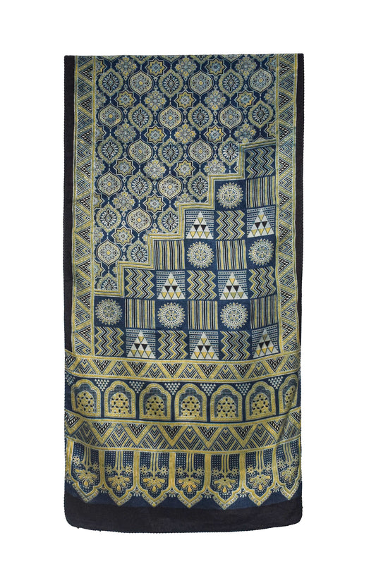 Ajrakh Mashru Silk Natural Dye Three Colour Print ( 3 Kam ) Screen Print Hand Printed Stole  - 2.1 Mtr Length    -  SKU : JH03101B