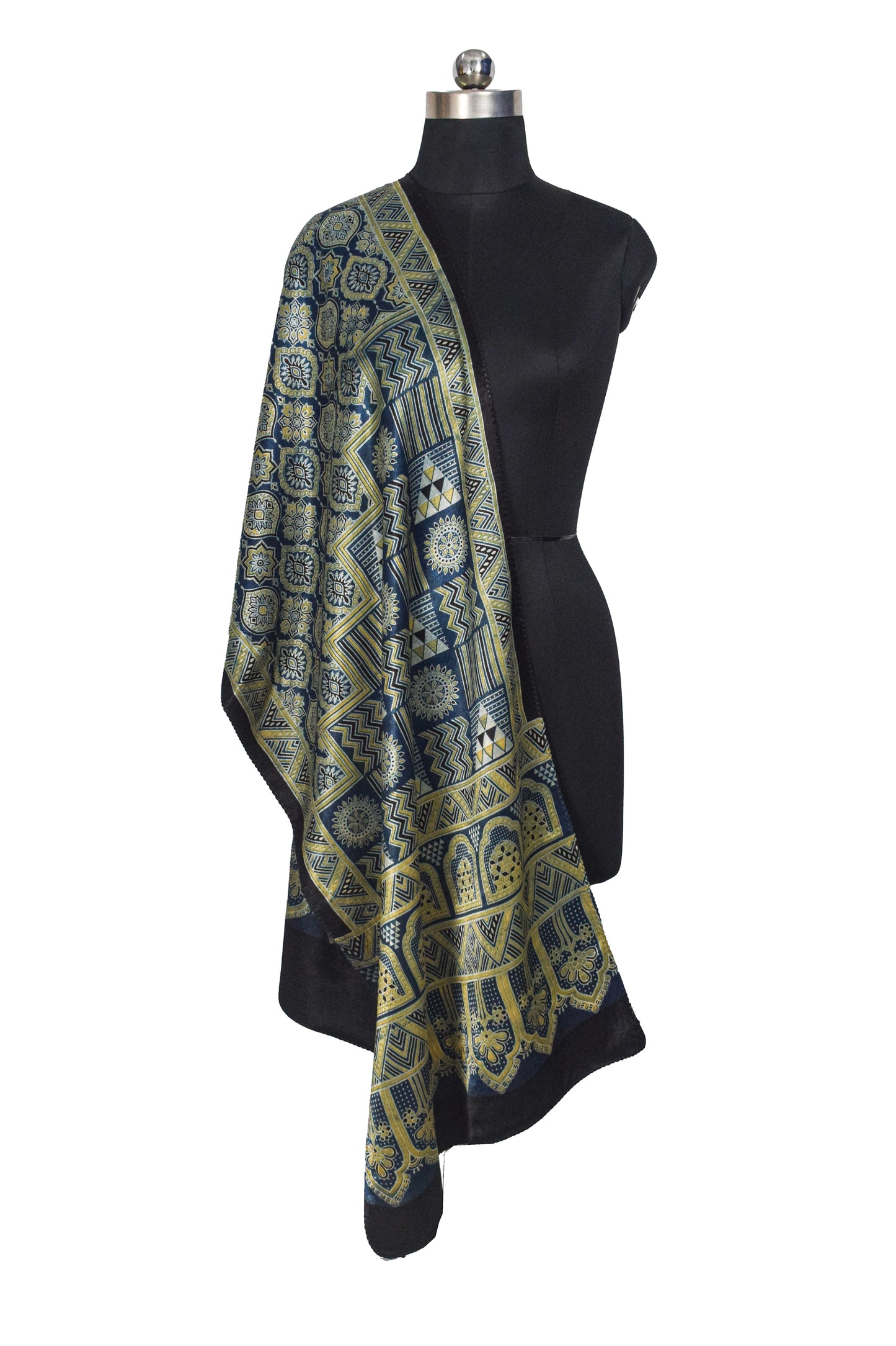 Ajrakh Mashru Silk Natural Dye Three Colour Print ( 3 Kam ) Screen Print Hand Printed Stole  - 2.1 Mtr Length    -  SKU : JH03101B