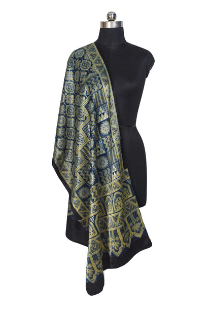 Ajrakh Mashru Silk Natural Dye Three Colour Print ( 3 Kam ) Screen Print Hand Printed Stole  - 2.1 Mtr Length    -  SKU : JH03101B