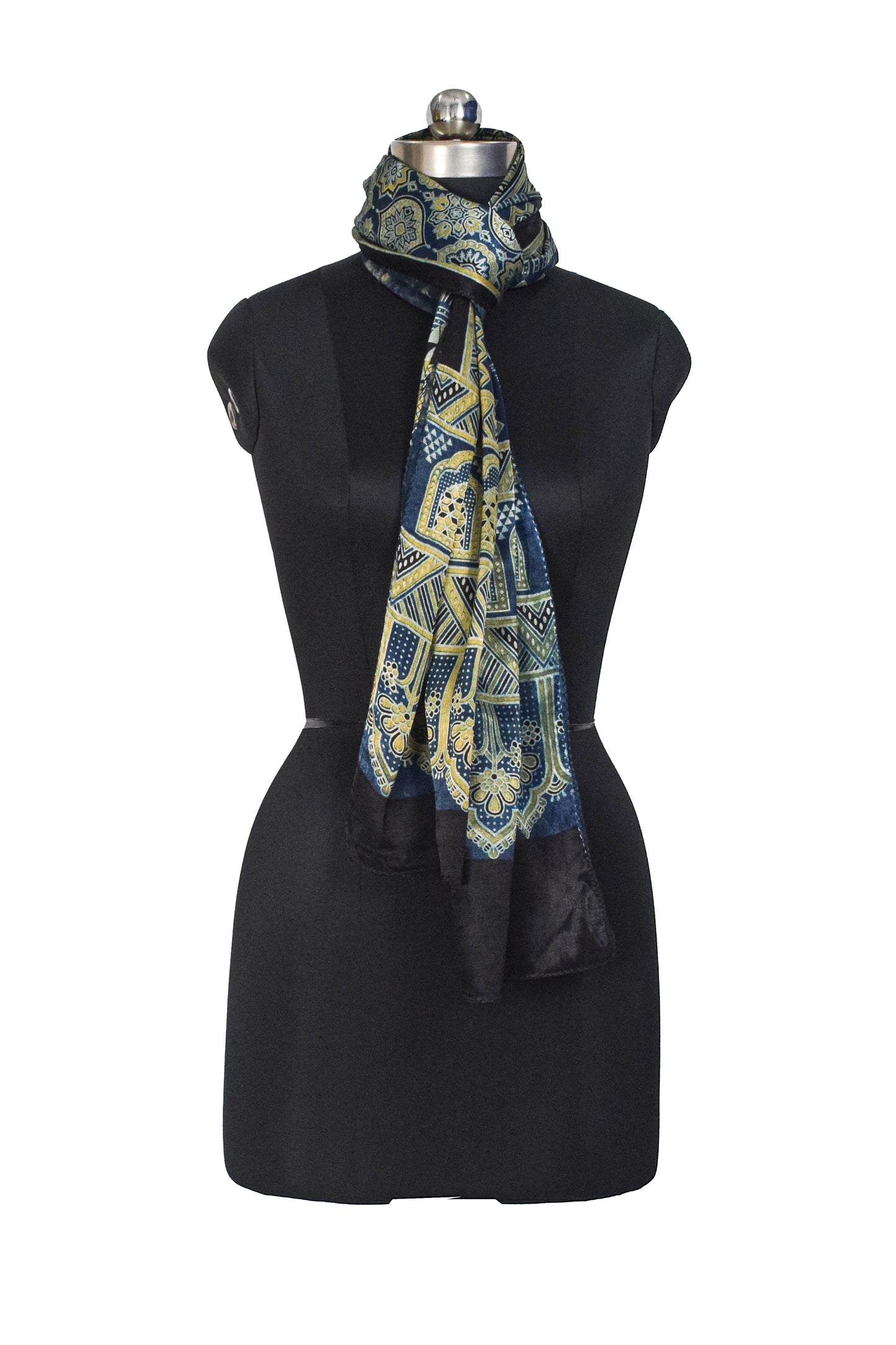 Ajrakh Mashru Silk Natural Dye Three Colour Print ( 3 Kam ) Screen Print Hand Printed Stole  - 2.1 Mtr Length    -  SKU : JH03101B