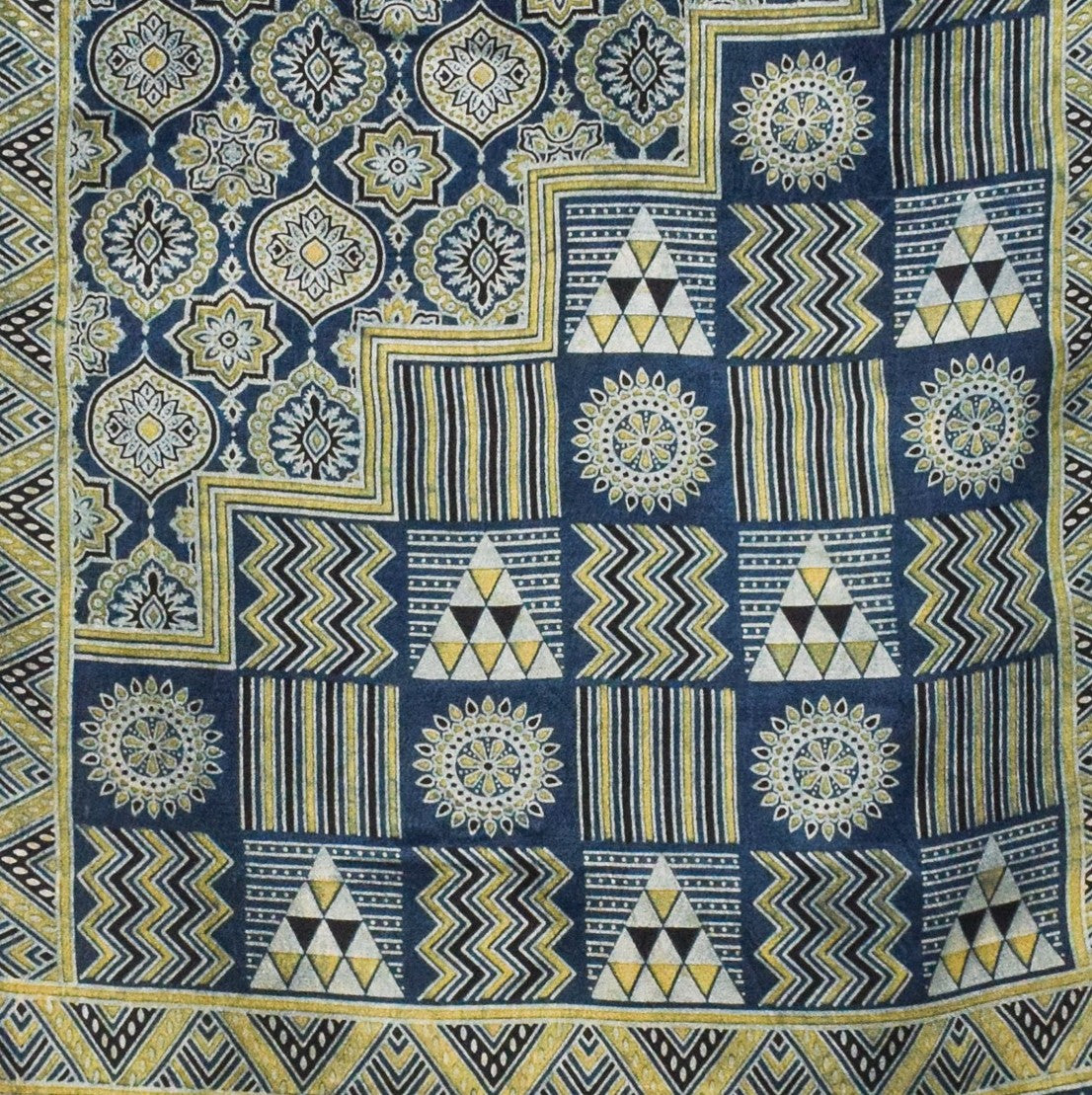 Ajrakh Mashru Silk Natural Dye Three Colour Print ( 3 Kam ) Screen Print Hand Printed Stole  - 2.1 Mtr Length    -  SKU : JH03101B