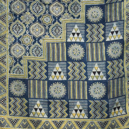 Ajrakh Mashru Silk Natural Dye Three Colour Print ( 3 Kam ) Screen Print Hand Printed Stole  - 2.1 Mtr Length    -  SKU : JH03101B