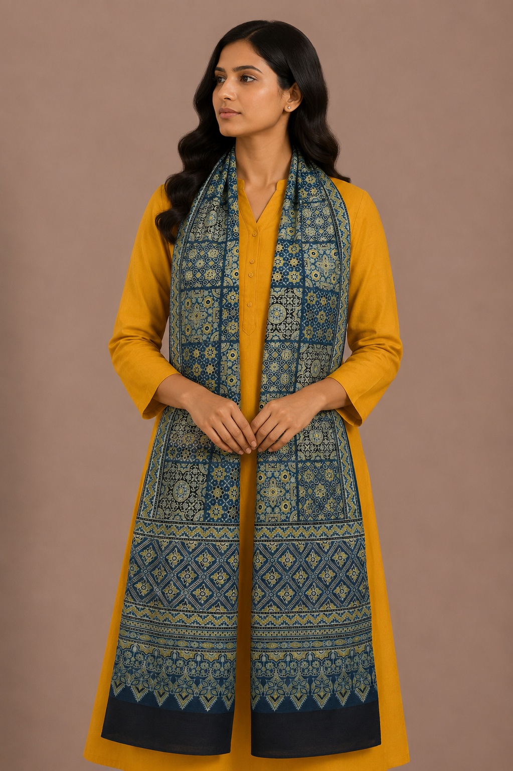 Ajrakh Mashru Silk Natural Dye Screen Print Hand Printed Stole  - 2.1 Mtr Length    -  SKU : JH2560AG