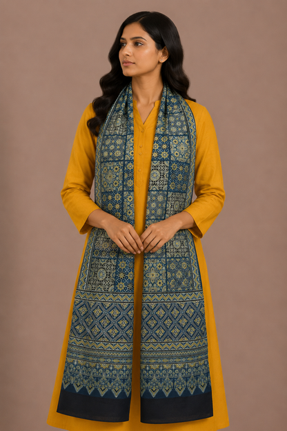 Ajrakh Mashru Silk Natural Dye Screen Print Hand Printed Stole  - 2.1 Mtr Length    -  SKU : JH2560AG