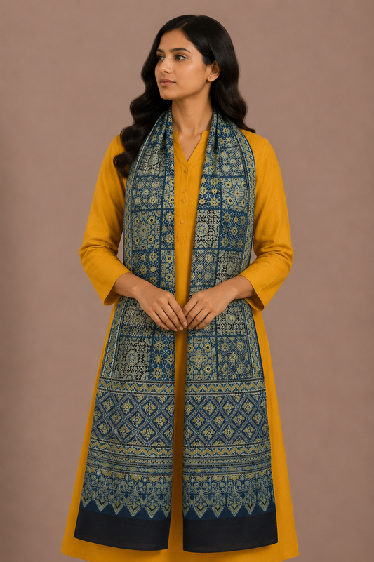 Ajrakh Mashru Silk Natural Dye Screen Print Hand Printed Stole  - 2.1 Mtr Length    -  SKU : JH2560AG