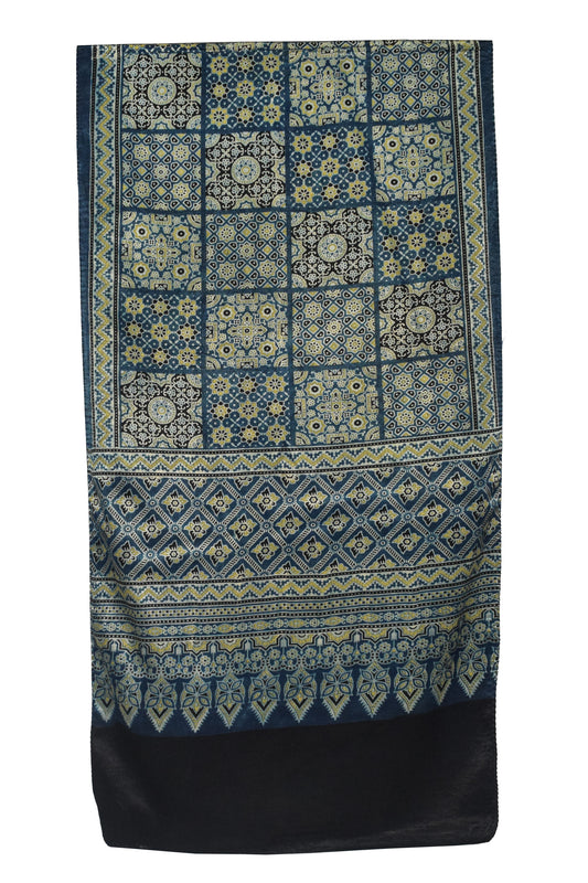 Ajrakh Mashru Silk Natural Dye Screen Print Hand Printed Stole  - 2.1 Mtr Length    -  SKU : JH2560AG