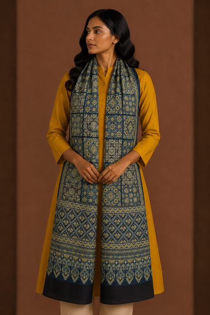 Ajrakh Mashru Silk Natural Dye Screen Print Hand Printed Stole  - 2.1 Mtr Length    -  SKU : JH2560AG