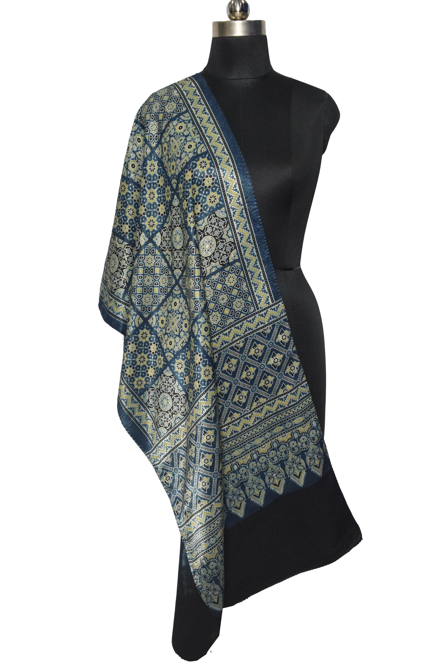 Ajrakh Mashru Silk Natural Dye Screen Print Hand Printed Stole  - 2.1 Mtr Length    -  SKU : JH2560AG