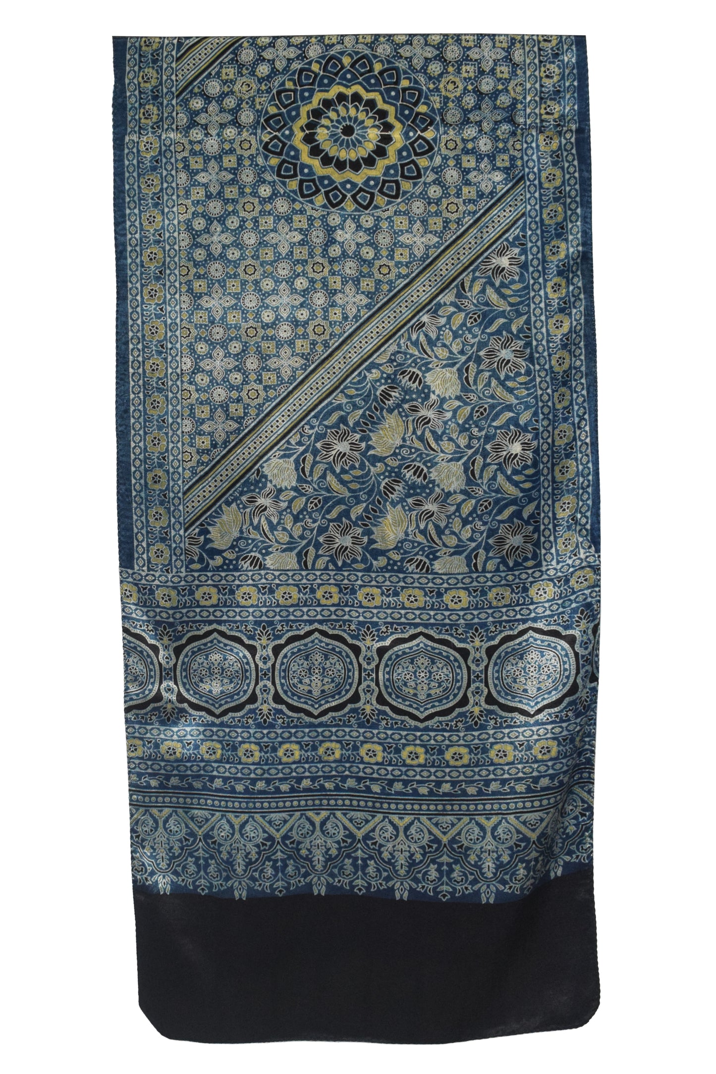 Ajrakh Mashru Silk Natural Dye Screen Print Hand Printed Stole  - 2.1 Mtr Length    -  SKU : JH2560AI