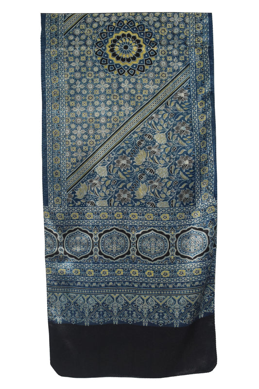 Ajrakh Mashru Silk Natural Dye Screen Print Hand Printed Stole  - 2.1 Mtr Length    -  SKU : JH2560AI
