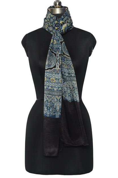 Ajrakh Mashru Silk Natural Dye Screen Print Hand Printed Stole  - 2.1 Mtr Length    -  SKU : JH2560AI
