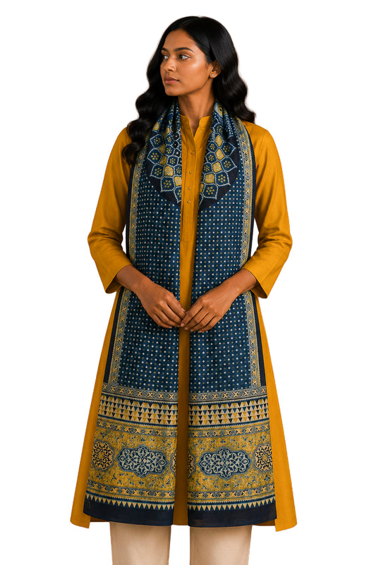 Ajrakh Mashru Silk Natural Dye Three Colour Print | 3 Kam | Screen Hand Printed Stole  - 2.1 Mtr Length   -  SKU : JH29701B