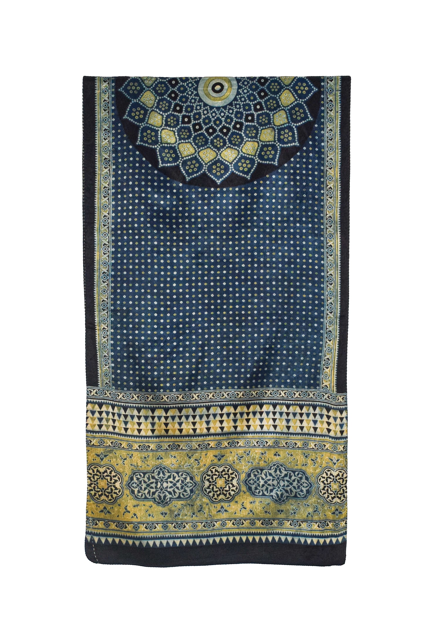 Ajrakh Mashru Silk Natural Dye Three Colour Print | 3 Kam | Screen Hand Printed Stole  - 2.1 Mtr Length   -  SKU : JH29701B