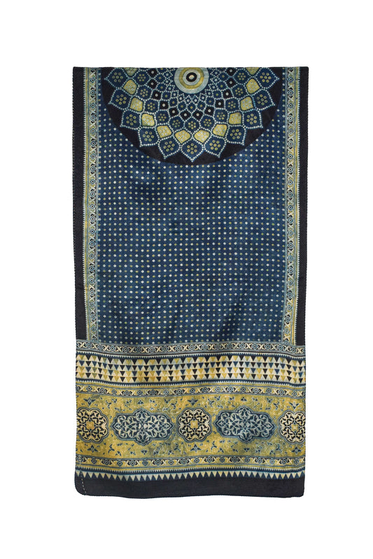 Ajrakh Mashru Silk Natural Dye Three Colour Print | 3 Kam | Screen Hand Printed Stole  - 2.1 Mtr Length   -  SKU : JH29701B