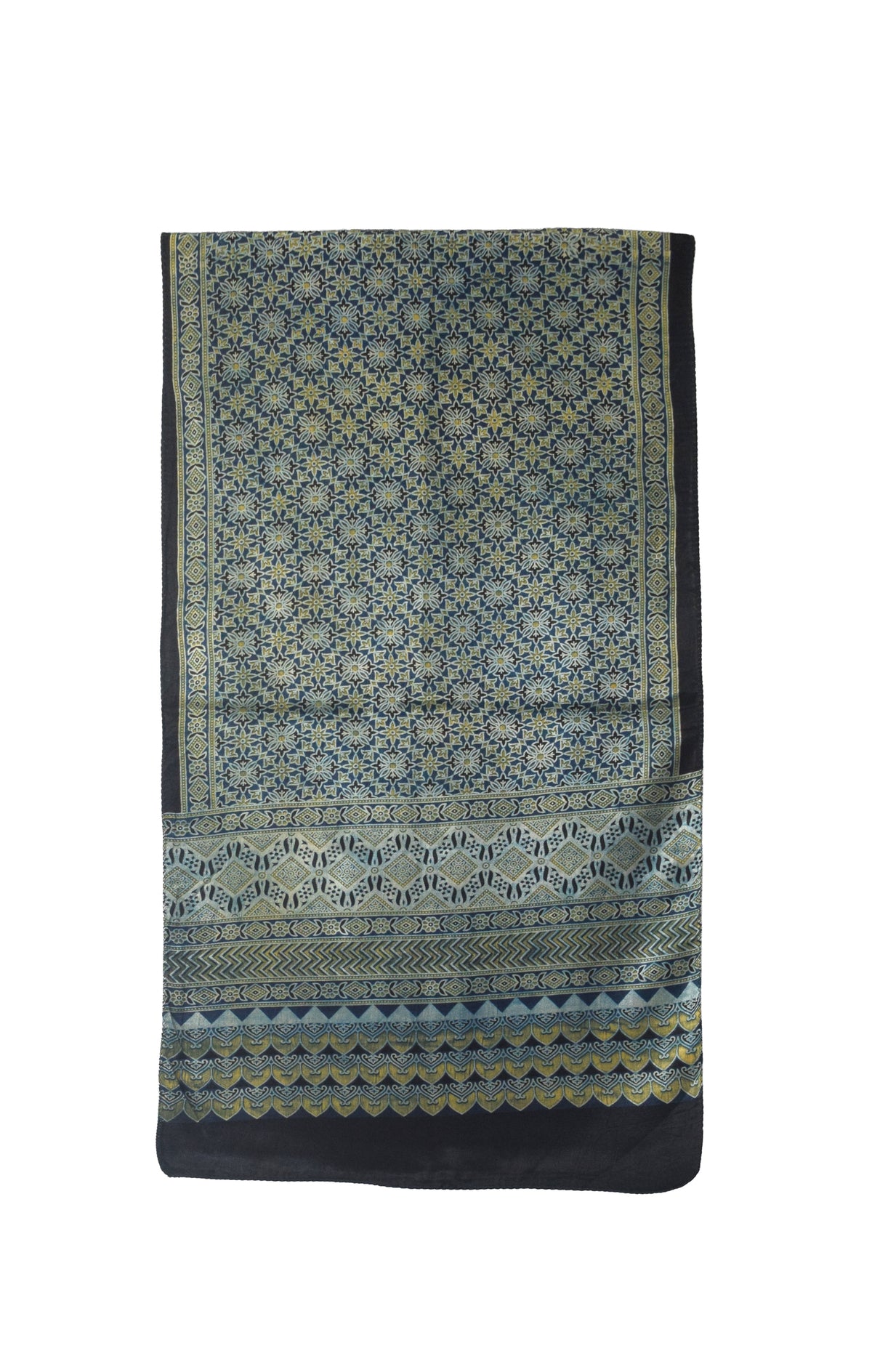 Ajrakh Mashru Silk Natural Dye Three Colour Print | 3 Kam | Screen Hand Printed Stole  - 2.1 Mtr Length   -  SKU : JH29701H