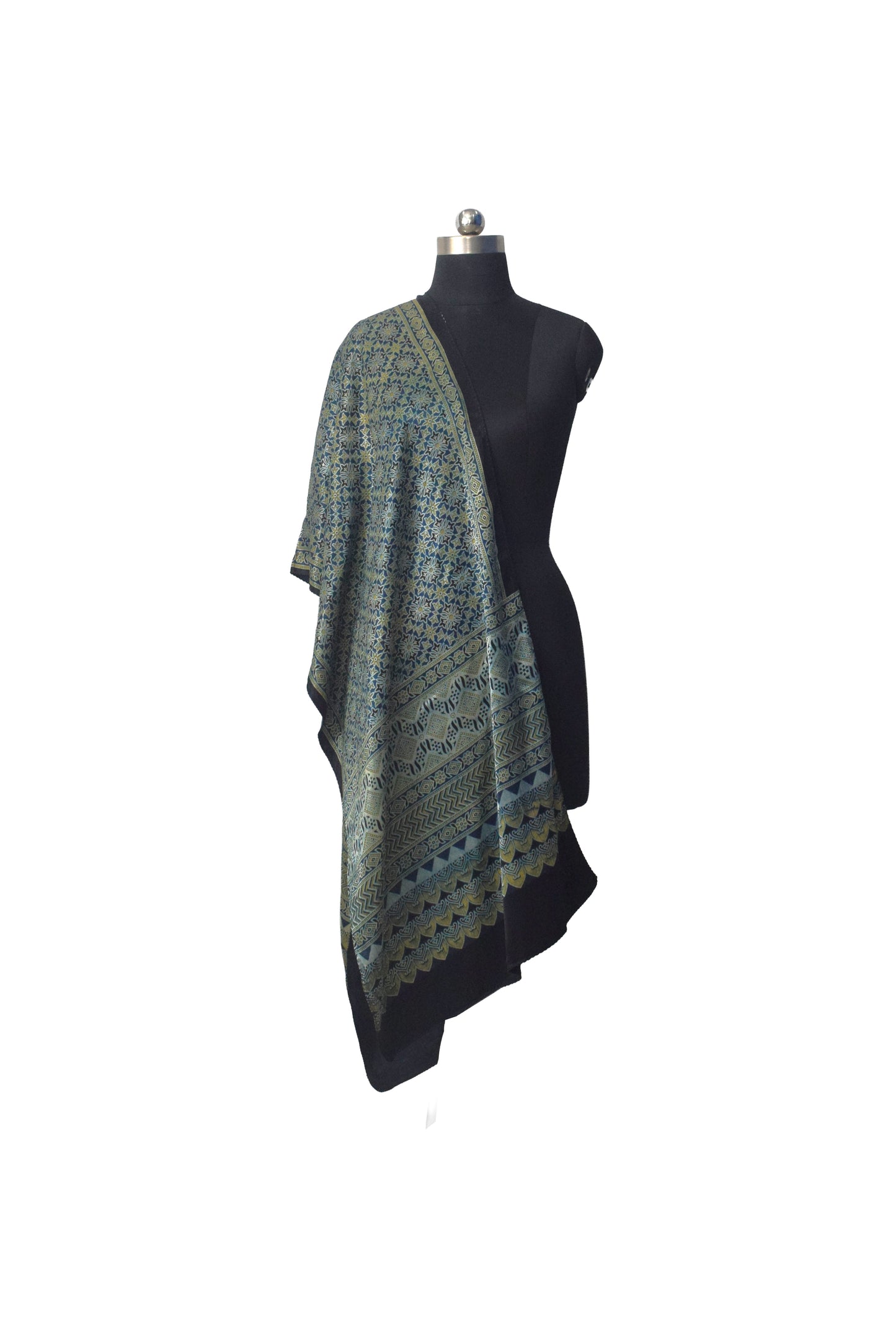Ajrakh Mashru Silk Natural Dye Three Colour Print | 3 Kam | Screen Hand Printed Stole  - 2.1 Mtr Length   -  SKU : JH29701H