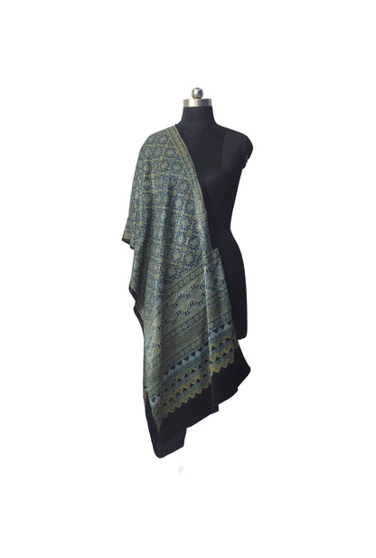 Ajrakh Mashru Silk Natural Dye Three Colour Print | 3 Kam | Screen Hand Printed Stole  - 2.1 Mtr Length   -  SKU : JH29701H