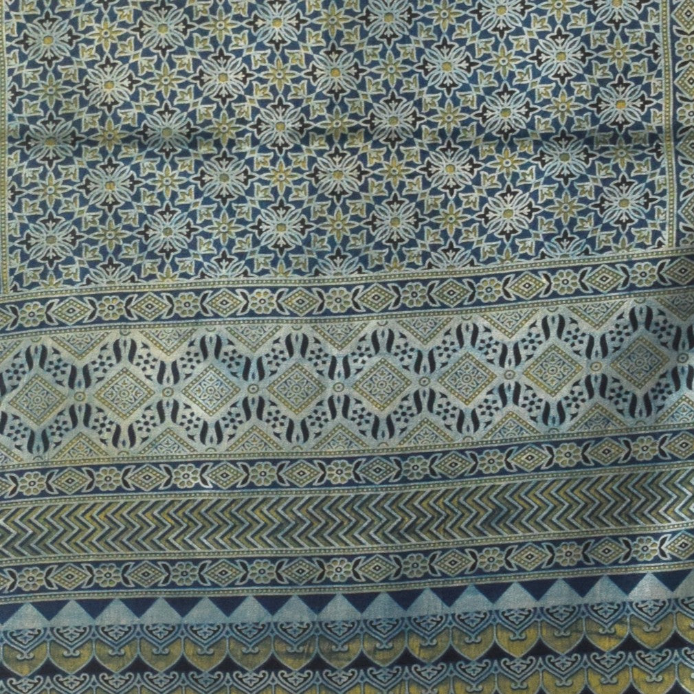 Ajrakh Mashru Silk Natural Dye Three Colour Print | 3 Kam | Screen Hand Printed Stole  - 2.1 Mtr Length   -  SKU : JH29701H