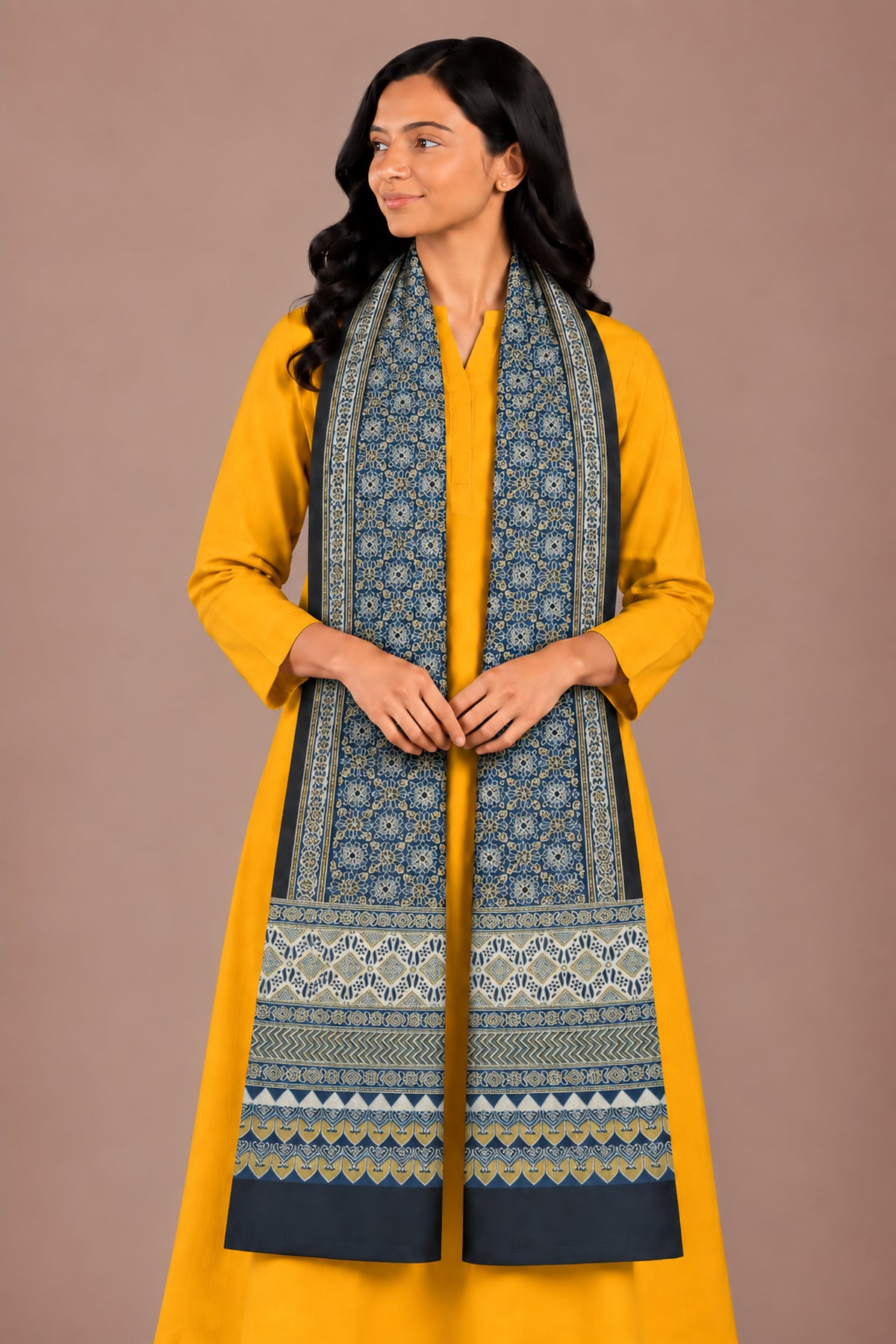 Ajrakh Mashru Silk Natural Dye Three Colour Print | 3 Kam | Screen Hand Printed Stole  - 2.1 Mtr Length   -  SKU : JH29701H