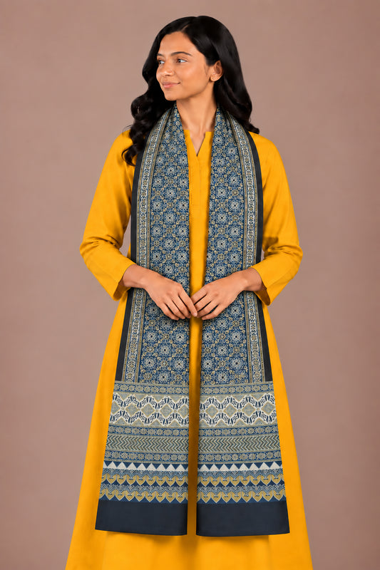 Ajrakh Mashru Silk Natural Dye Three Colour Print | 3 Kam | Screen Hand Printed Stole  - 2.1 Mtr Length   -  SKU : JH29701H