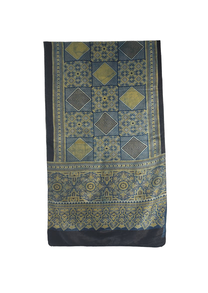 Ajrakh Mashru Silk Natural Dye Three Colour Print | 3 Kam | Screen Hand Printed Stole  - 2.1 Mtr Length   -  SKU : JH29701Q