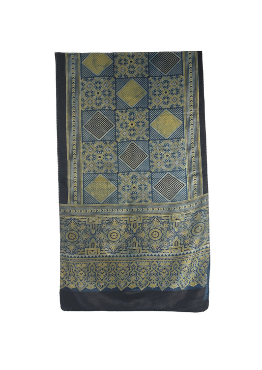 Ajrakh Mashru Silk Natural Dye Three Colour Print | 3 Kam | Screen Hand Printed Stole  - 2.1 Mtr Length   -  SKU : JH29701Q