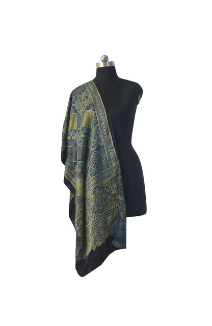 Ajrakh Mashru Silk Natural Dye Three Colour Print | 3 Kam | Screen Hand Printed Stole  - 2.1 Mtr Length   -  SKU : JH29701Q