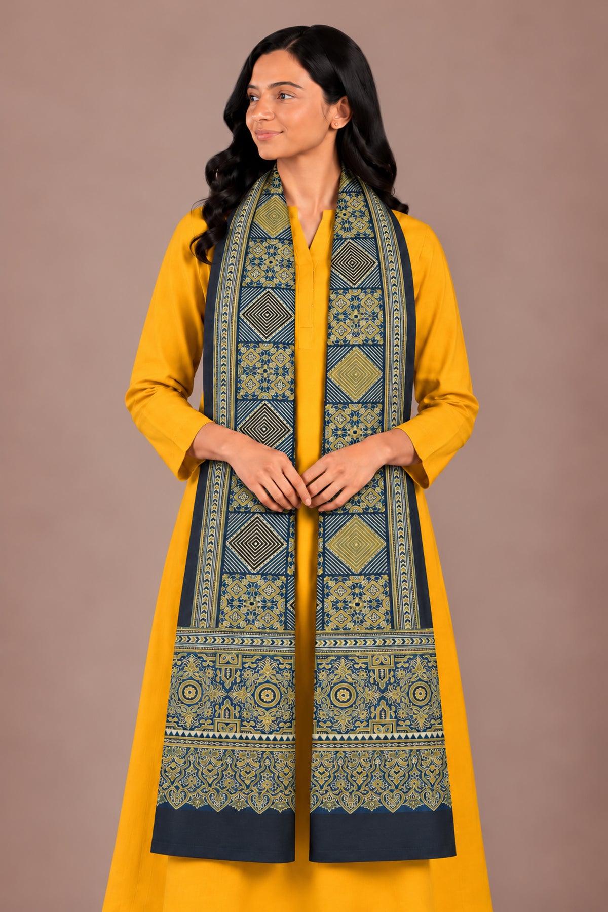 Ajrakh Mashru Silk Natural Dye Three Colour Print | 3 Kam | Screen Hand Printed Stole  - 2.1 Mtr Length   -  SKU : JH29701Q