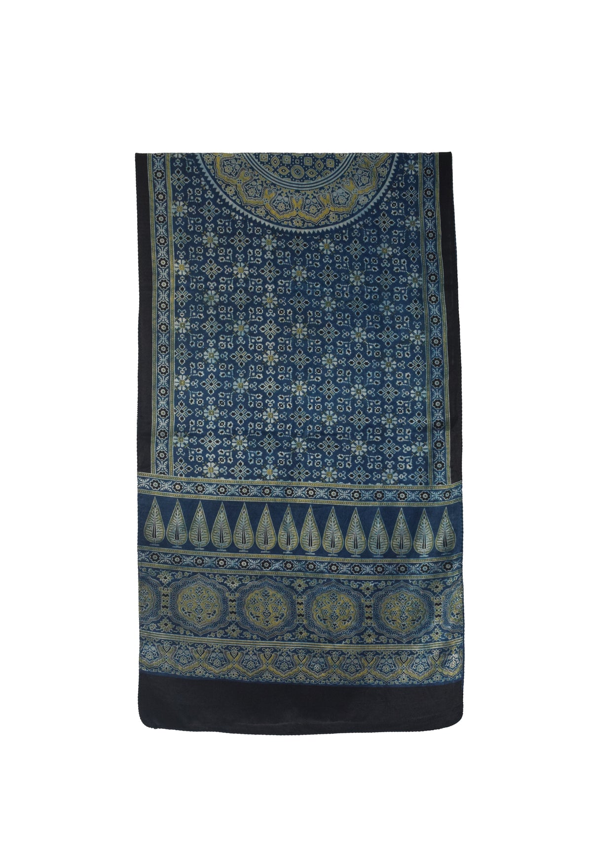 Ajrakh Mashru Silk Natural Dye Three Colour Print | 3 Kam | Screen Hand Printed Stole  - 2.1 Mtr Length   -  SKU : JH29701W
