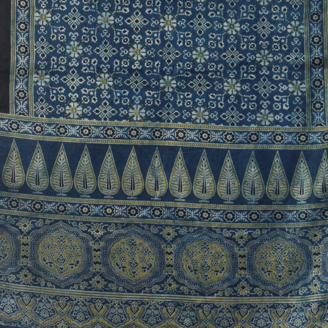 Ajrakh Mashru Silk Natural Dye Three Colour Print | 3 Kam | Screen Hand Printed Stole  - 2.1 Mtr Length   -  SKU : JH29701W