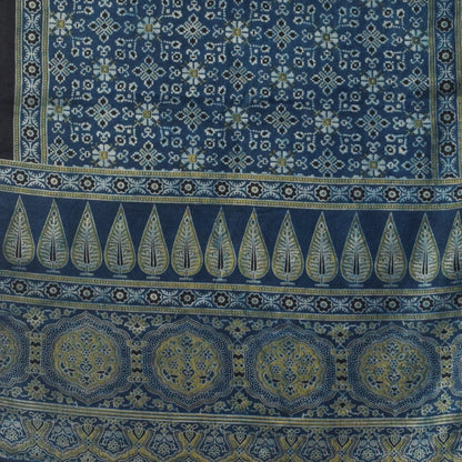 Ajrakh Mashru Silk Natural Dye Three Colour Print | 3 Kam | Screen Hand Printed Stole  - 2.1 Mtr Length   -  SKU : JH29701W