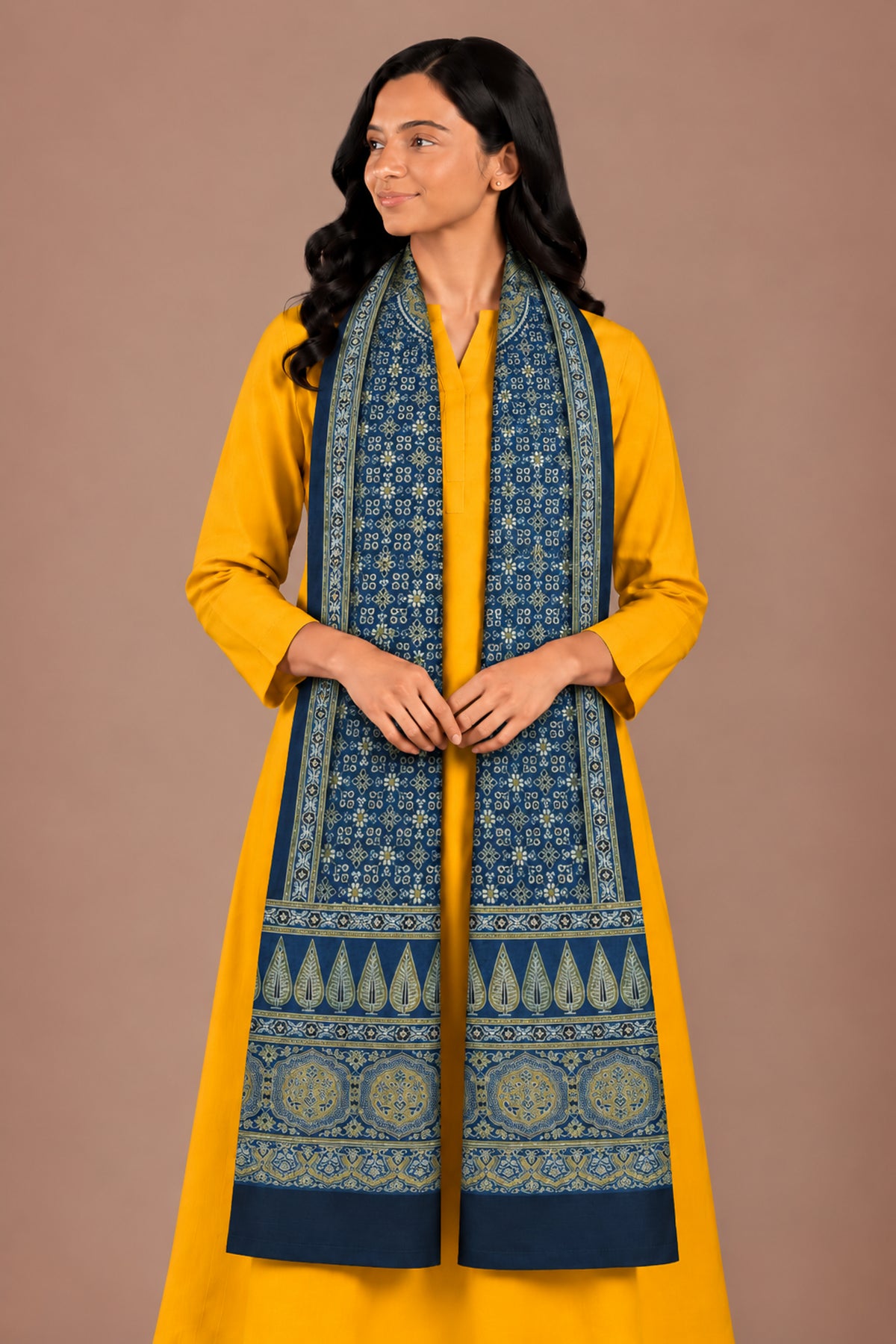 Ajrakh Mashru Silk Natural Dye Three Colour Print | 3 Kam | Screen Hand Printed Stole  - 2.1 Mtr Length   -  SKU : JH29701W
