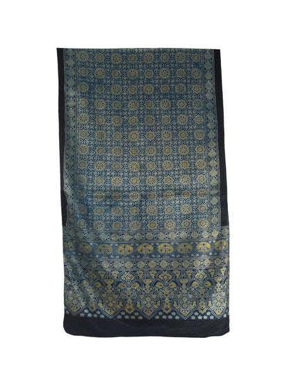 Ajrakh Mashru Silk Natural Dye Three Colour Print | 3 Kam | Screen Hand Printed Stole  - 2.1 Mtr Length   -  SKU : JH29701Z