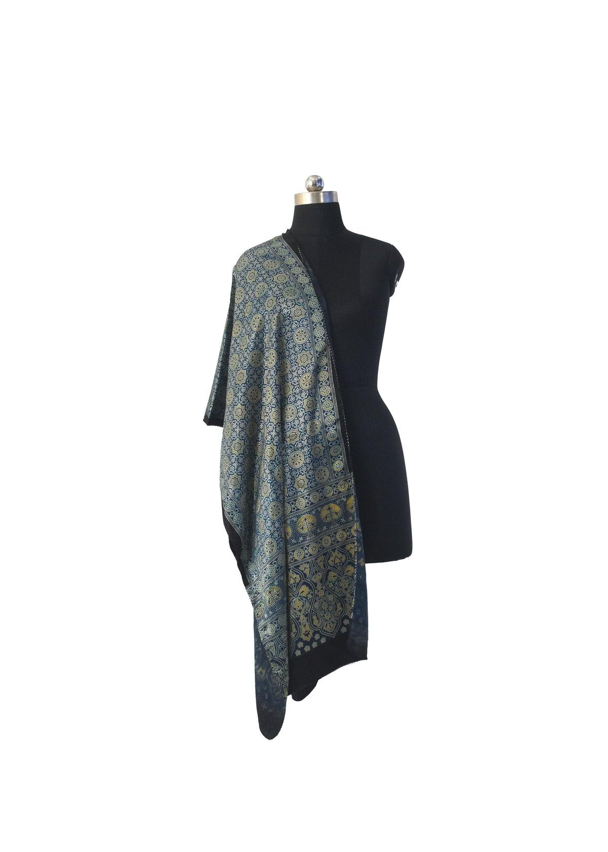 Ajrakh Mashru Silk Natural Dye Three Colour Print | 3 Kam | Screen Hand Printed Stole  - 2.1 Mtr Length   -  SKU : JH29701Z