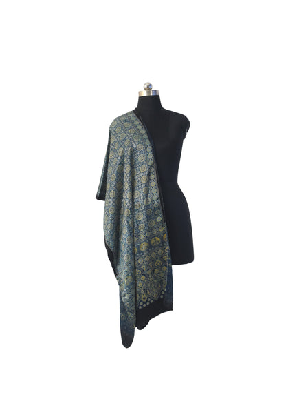 Ajrakh Mashru Silk Natural Dye Three Colour Print | 3 Kam | Screen Hand Printed Stole  - 2.1 Mtr Length   -  SKU : JH29701Z
