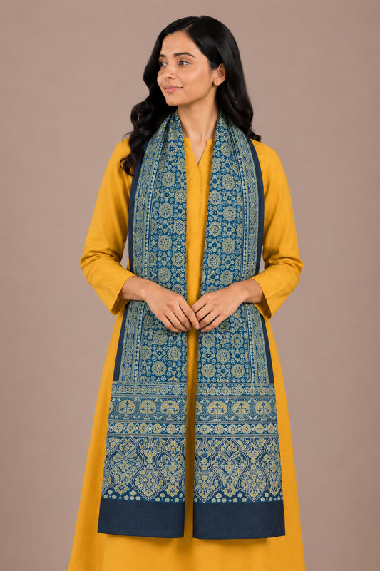 Ajrakh Mashru Silk Natural Dye Three Colour Print | 3 Kam | Screen Hand Printed Stole  - 2.1 Mtr Length   -  SKU : JH29701Z