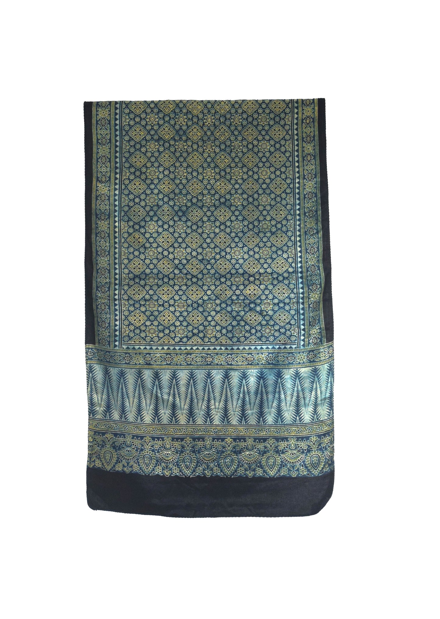 Ajrakh Mashru Silk Natural Dye Three Colour Print | 3 Kam | Screen Hand Printed Stole  - 2.1 Mtr Length   -  SKU : JH2970AC