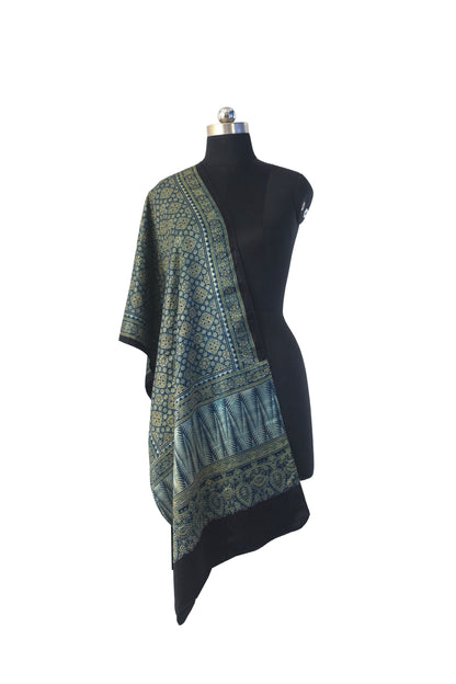 Ajrakh Mashru Silk Natural Dye Three Colour Print | 3 Kam | Screen Hand Printed Stole  - 2.1 Mtr Length   -  SKU : JH2970AC