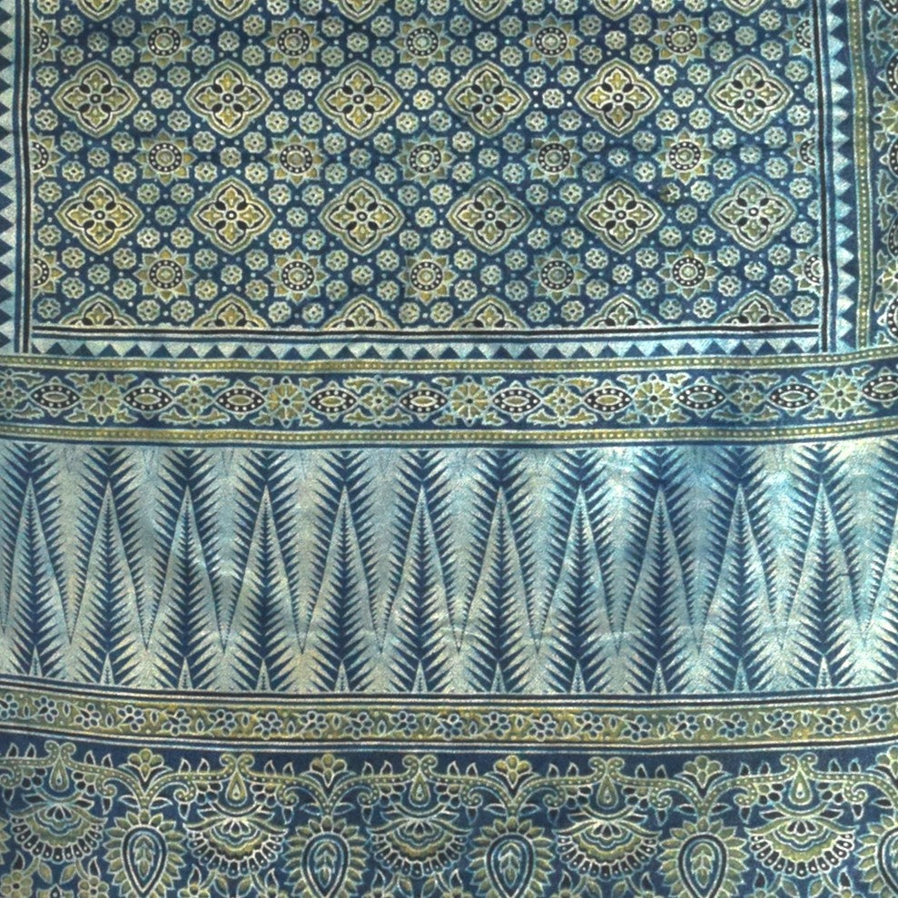 Ajrakh Mashru Silk Natural Dye Three Colour Print | 3 Kam | Screen Hand Printed Stole  - 2.1 Mtr Length   -  SKU : JH2970AC