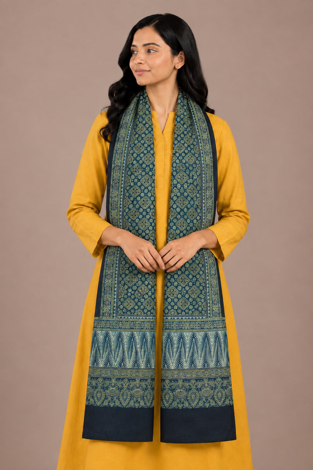 Ajrakh Mashru Silk Natural Dye Three Colour Print | 3 Kam | Screen Hand Printed Stole  - 2.1 Mtr Length   -  SKU : JH2970AC