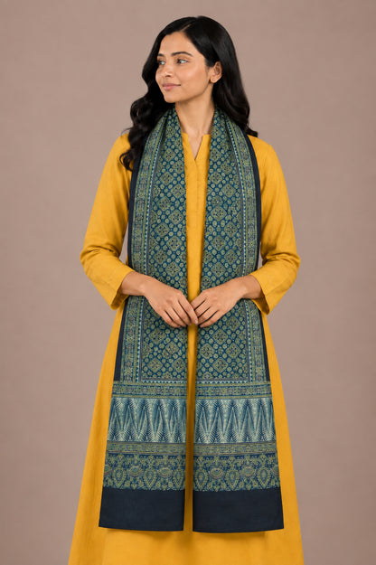 Ajrakh Mashru Silk Natural Dye Three Colour Print | 3 Kam | Screen Hand Printed Stole  - 2.1 Mtr Length   -  SKU : JH2970AC