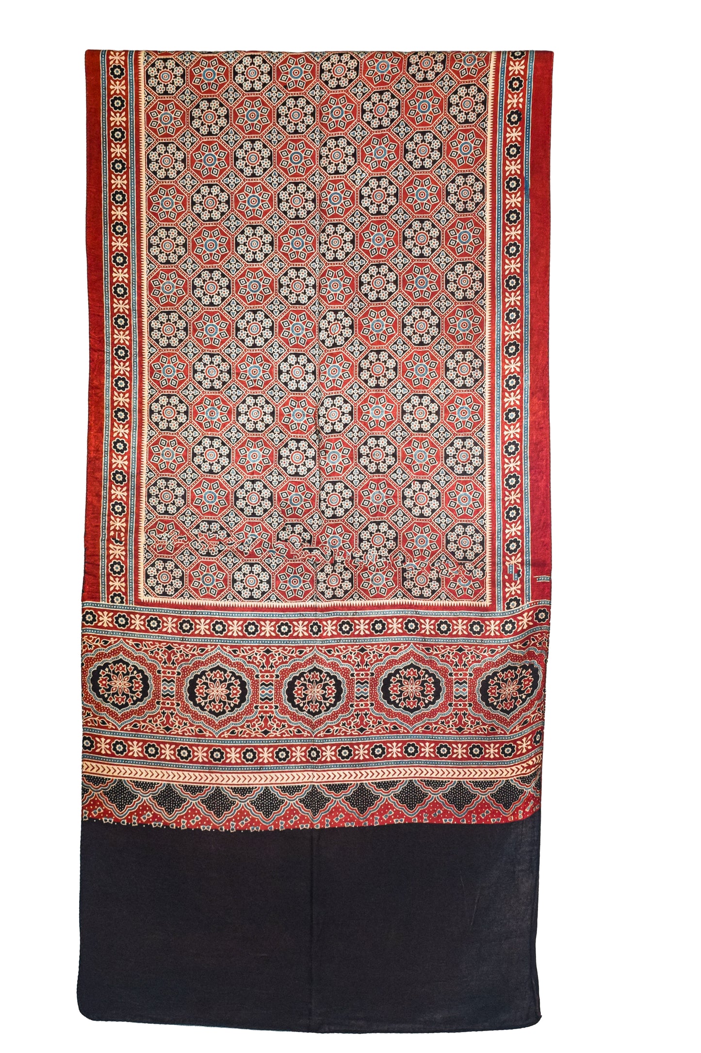 Ajrakh Mashru Silk Natural Dye Three Colour Print ( 3 Kam ) Screen Print Hand Printed Stole  - 2.1 Mtr Length    -  SKU : JH02C01M